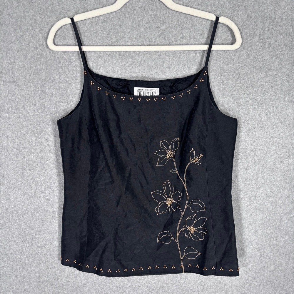 Vintage 90s Yves Cossette Depeche Mode Silk Tank Top 8 Beaded Floral Embroidered